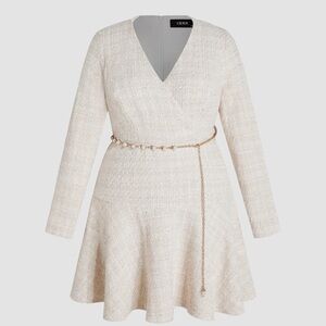 Tweed V-Neck Solid Faux Pearl Mini Dress (EUC)